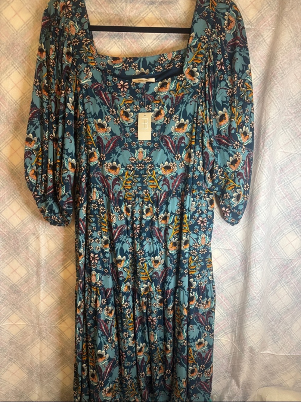 Maurices Teal Floral Midi Dress with Puff Sleeves